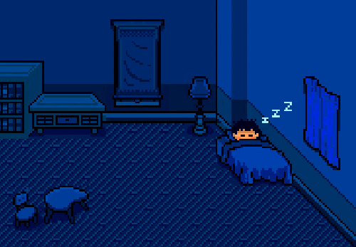 Pixel-art bedroom at night with a character sleeping while Z Theory monitors their liquidity position